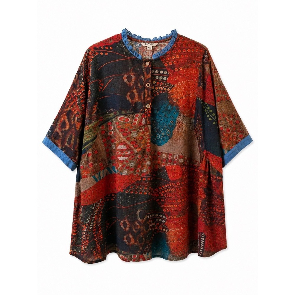 Buykud Womens Blouse Top Multicolor Abstract Print Ruffle Neck Button ML‎